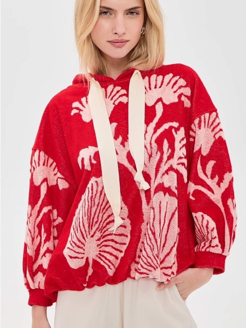 Free People Red Floral Hooded Knit Pullover